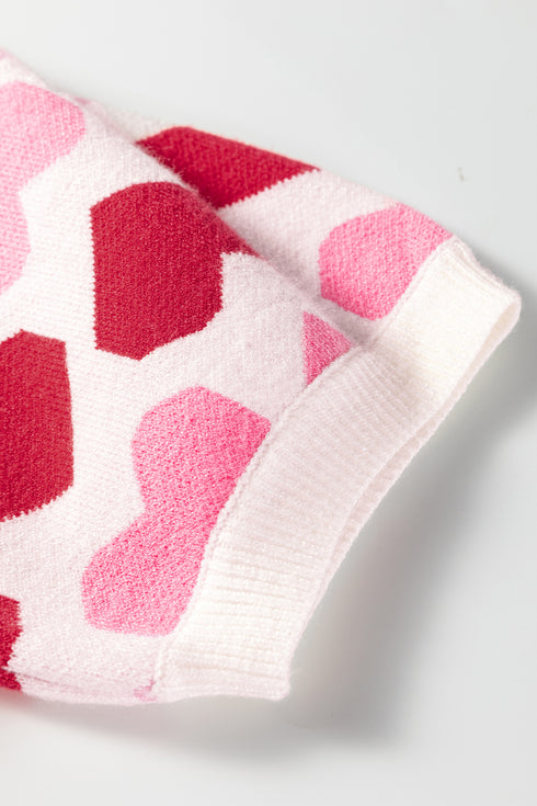 Sachet Pink 2-tone Heart Print Valentine Crew Neck Short Sleeve Sweater