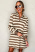 Khaki Stripe Collared V Neck Long Sleeve Loose Casual Dress