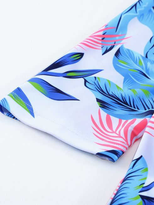 fiery-red-blue-leaves-zip-front-half-sleeve-one-piece-swimsuit