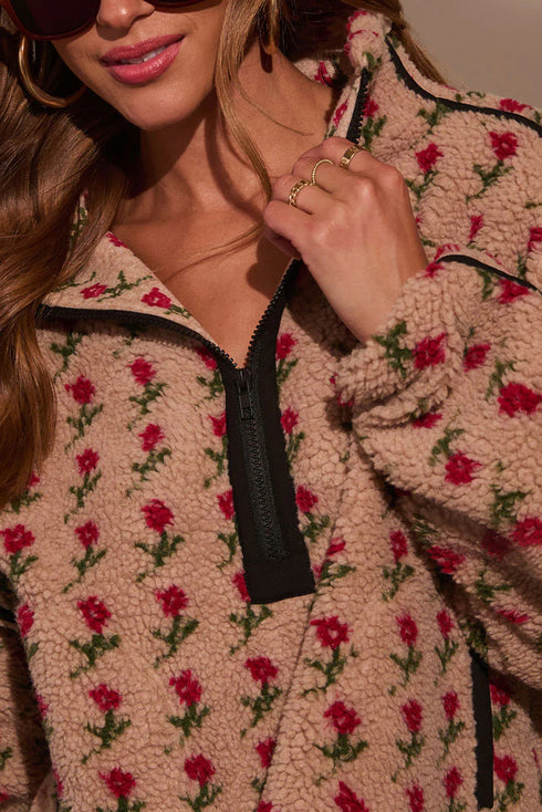 Green Floral Print Sherpa Half Zip Baggy Sweatshirt