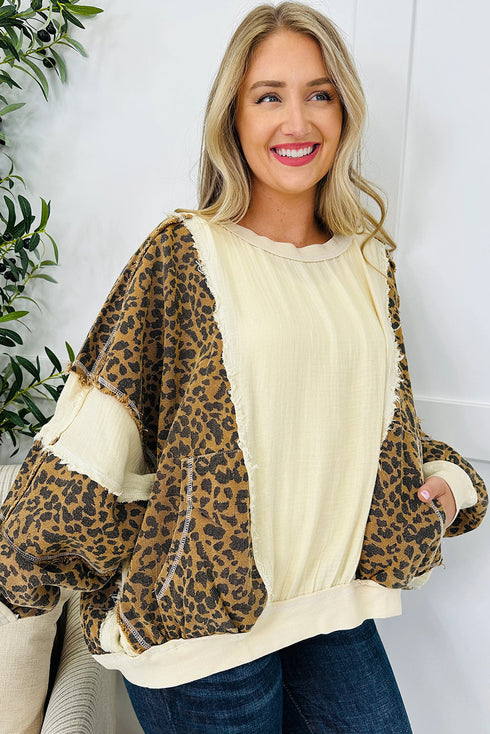 Beige Raw Seam Color Block Leopard Patchwork Baggy Long Sleeve Top