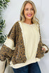 Beige Raw Seam Color Block Leopard Patchwork Baggy Long Sleeve Top