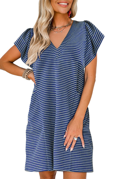 Blue Stripe Textured Knit V Neck Flutter Sleeve Shift Mini Dress