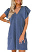 Blue Stripe Textured Knit V Neck Flutter Sleeve Shift Mini Dress