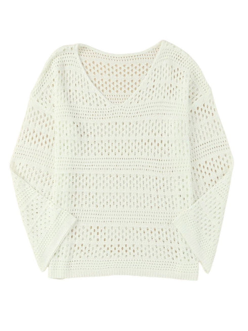 white-hollow-out-crochet-v-neck-pullover-sweater
