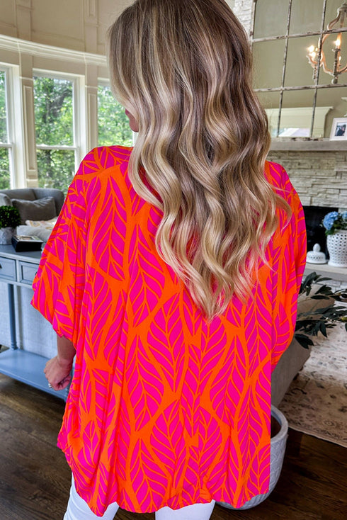 rose-tropical-leaf-print-smocked-puff-sleeve-blouse