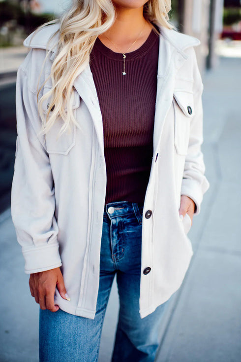 White Solid Color Exposed Seam Patchwork Button Down Fleece Shacket