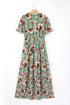 Green Fiery Floral Print Frilled V Neck Short Sleeve Maxi Dress