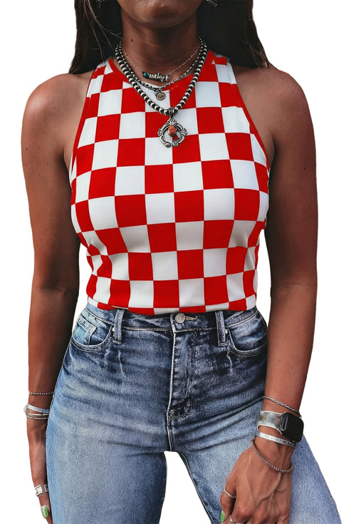 Red Checkerboard Printed Slim Tank Top