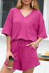 Rose Red Solid Color Waffled V Neck Loose Tee Drawstring Shorts Set