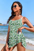 Green Floral Print Ricrac Trim Spaghetti Strap One Piece Swim Dress