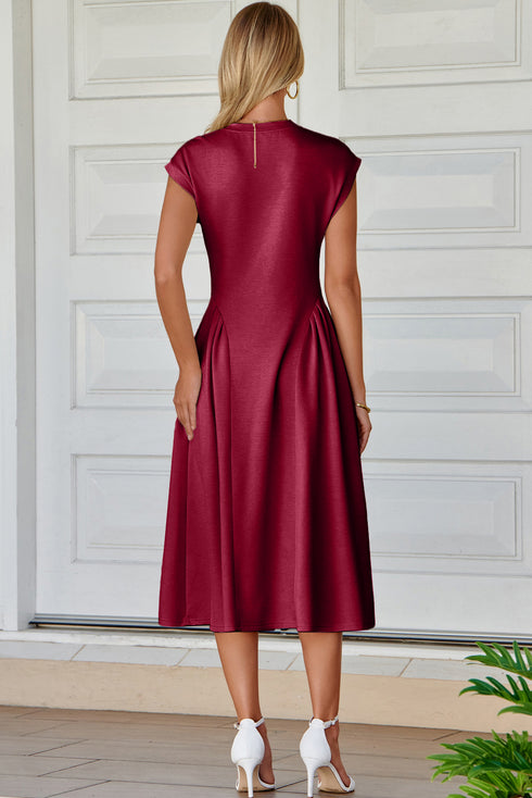 Red Dahlia Solid Color V Neck Pleated Flared Midi Dress
