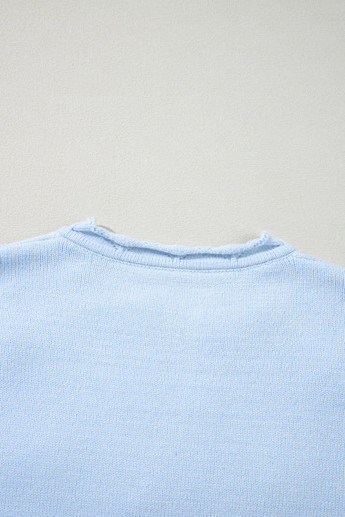 Beau Blue Flower Detail Knitted Notched Neck Sweater