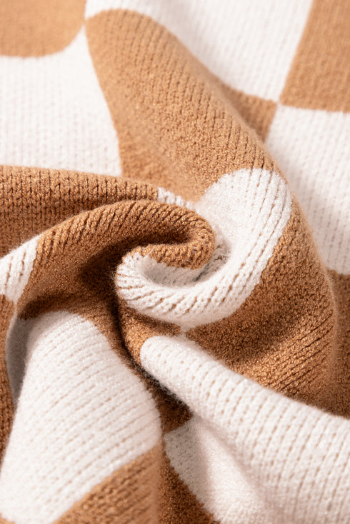 Light French Beige Colorblock Plaid Pattern Ribbed Trim Sweater Tank Top