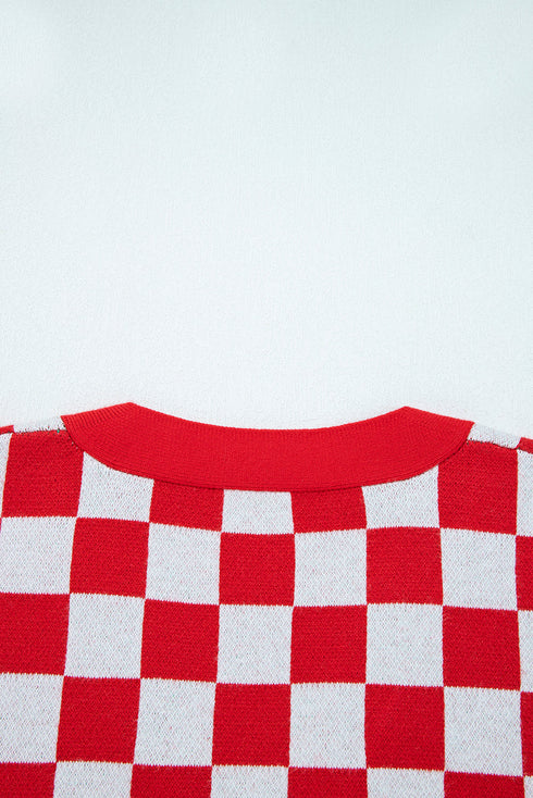 Red Checkered Christmas Tree Pattern Button V Neck Cardigan Sweater