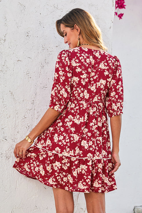 Red Floral Print Contrast Trim Button Tie Neck Swing Dress