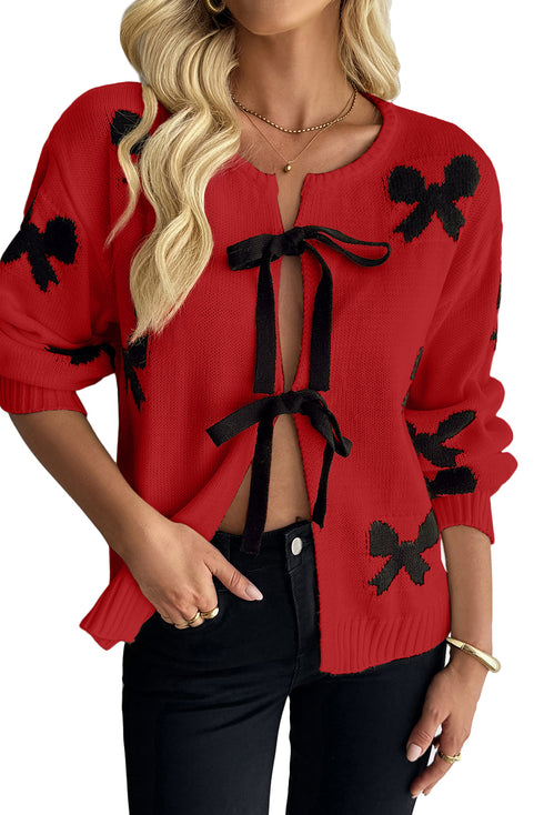 Racing Red Lace-up Bow Pattern Sweater Cardigan