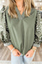 Grass Green Floral Puff Sleeve Contrast V Neck Patchwork Blouse