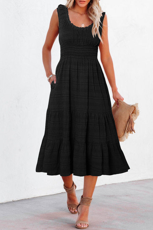 Black Shirred Pleated Square Neck Sleeveless Midi Dress