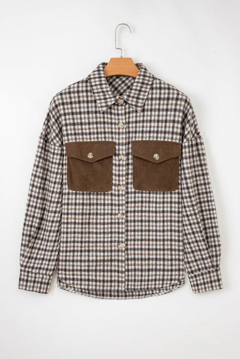 Casual Contrast Corduroy Flap Pocket Patchwork Plaid Shacket