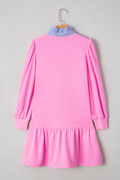 Pink Contrast Striped Collar Patchwork Plus Size Ruffled Mini Dress with Sleeves