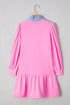 Pink Contrast Striped Collar Patchwork Plus Size Ruffled Mini Dress with Sleeves