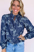 Blue Frilled Neck Button Down Long Sleeve Floral Shirt