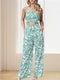 Feminine Floral Print Suspender Jumpsuit Set