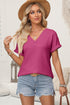 Bright Pink Textured Wide Sleeve V Neck T Shirt