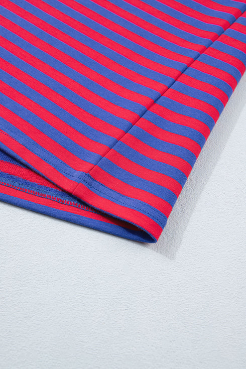 Navy Stripe Striped Ribbed Cotton Two-Piece Short Set with Chest Patch Detail