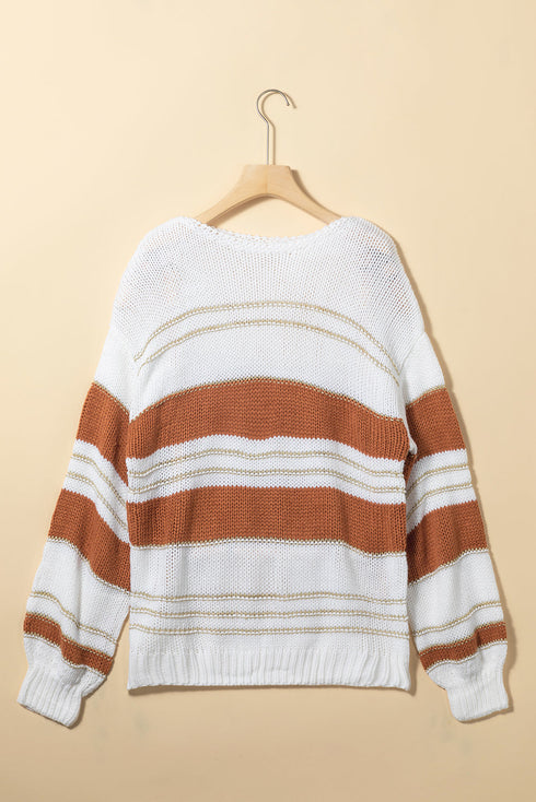 white-striped-knit-puff-sleeve-casual-sweater
