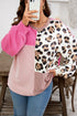 Rose Red Plus Size Twisted Ribbed Color Block Leopard Patchwork Long Sleeve Top