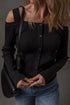 Black Ribbed Knit Cold Shoulder Button Front Sweater