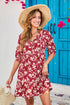 Red Floral Print Contrast Trim Button Tie Neck Swing Dress