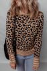 Brown Leopard Print Buttoned Sleeve Contrast Striped Edge Sweater