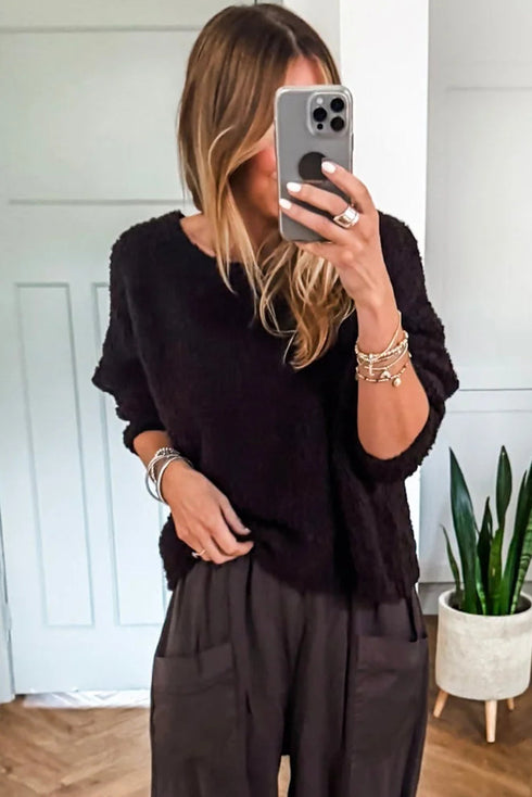 Black Round Neck Fuzzy Knit Drop Shoulder Loose Sweater