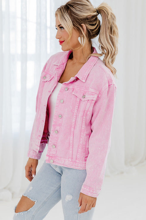 pink-acid-wash-button-flap-pocket-denim-jacket