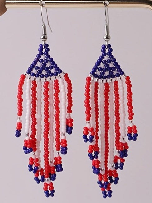 Fiery Red American Flag Beaded Fringed Hook Earrings