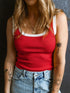 Fiery Red Ribbed Knit Tank Top with Colorblock Detail