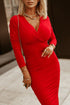 Fiery Red Ruched Sheath V Neck Bodycon Dress with Long Sleeves