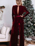 Fiery Red Velvet Pocketed Cut out Back Wide Leg Jumpsuit