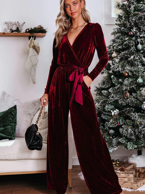 Fiery Red Velvet Pocketed Cut out Back Wide Leg Jumpsuit