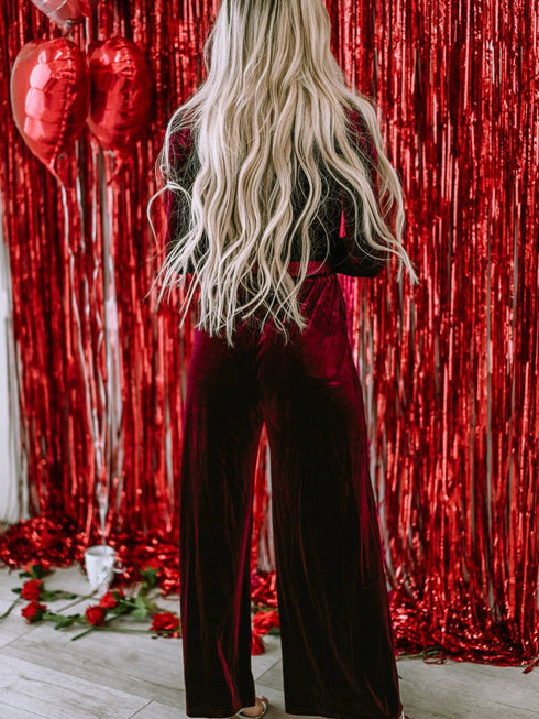 Fiery Red Velvet Pocketed Cut out Back Wide Leg Jumpsuit