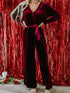 Fiery Red Velvet Pocketed Cut out Back Wide Leg Jumpsuit