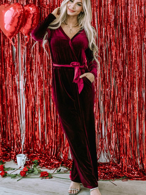 Fiery Red Velvet Pocketed Cut out Back Wide Leg Jumpsuit