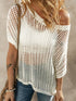 Fishnet Mesh Detail Ribbed Round Neck Short Sleeve Sweater Top