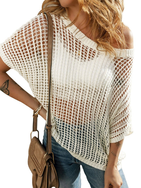 Fishnet Mesh Detail Ribbed Round Neck Short Sleeve Sweater Top