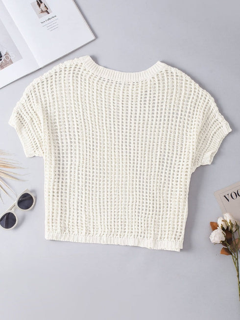 Fishnet Mesh Detail Ribbed Round Neck Short Sleeve Sweater Top