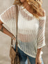 Fishnet Mesh Detail Ribbed Round Neck Short Sleeve Sweater Top