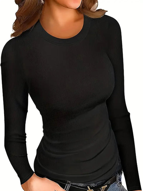 Fitted Crew Neck Top with Long Sleeves and Ribbed Texture